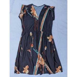 Vtg black floral cap sleeve v-neck